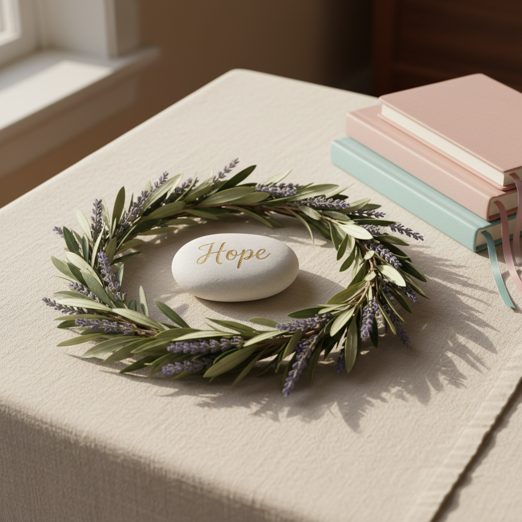 A circular arrangement of intertwined olive branches and lavender sprigs forms a simple, elegant wreath resting on a linen-draped table in muted cream. At the center, a smooth white stone is engraved with the word “Hope” in subtle gold lettering. Nearby, a neatly stacked trio of pastel hardcover journals with ribbon bookmarks introduces gentle color. Late afternoon natural light streams from the left, creating soft highlights on the stone and delicate shadows beneath the foliage. Shot from a slightly elevated angle in photographic realism, the composition uses the rule of thirds and a softly blurred background, evoking sisterhood, encouragement, and spiritual growth for a women’s ministry site.