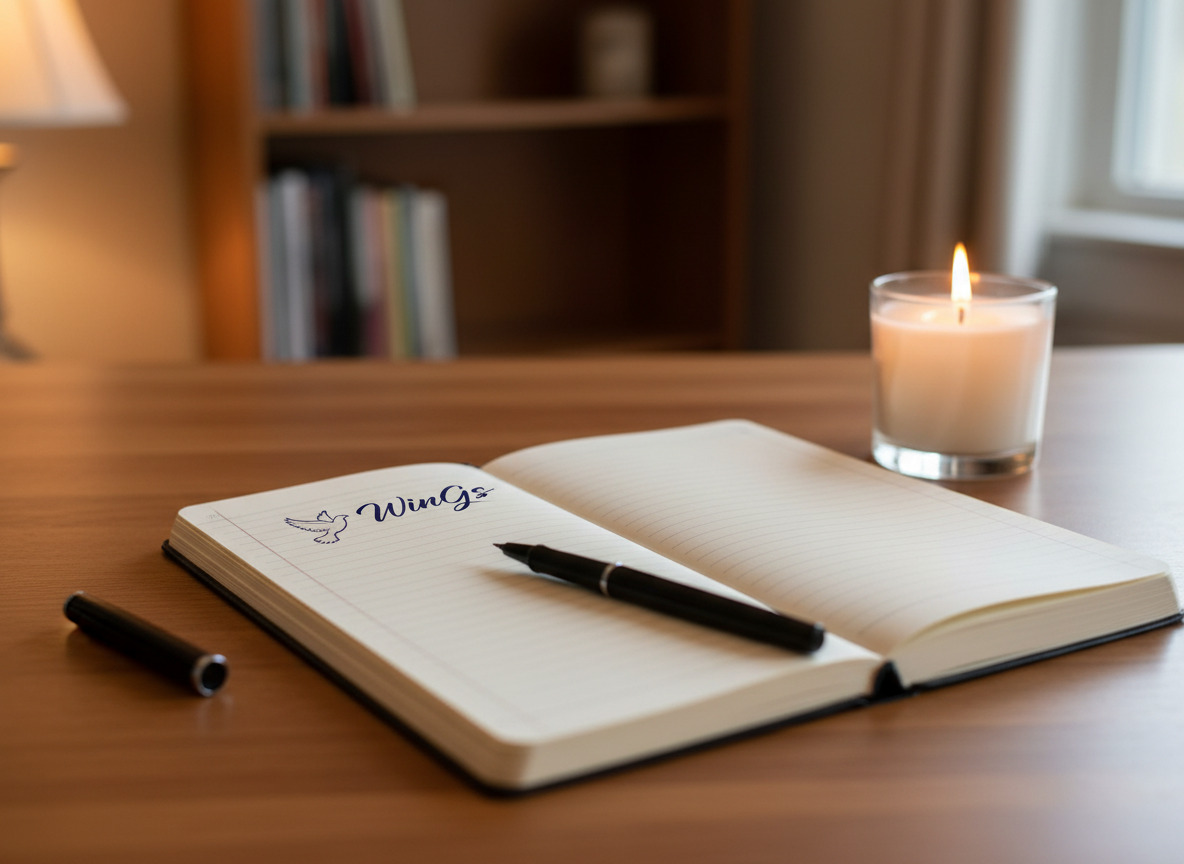 An open spiral-bound prayer journal with neatly lined pages sits on a warm walnut desk, a fine-tipped pen resting diagonally across the margin. In the upper corner of the page, a small, hand-drawn dove and the word “WinGS” appear in elegant navy script. Beside the journal, a lit white pillar candle in a clear glass holder casts a soft, steady glow. The surrounding area is uncluttered, with a blurred glimpse of a bookshelf in the background. Low, warm lamp light combined with faint ambient daylight creates a cozy, reflective atmosphere. Shot at an eye-level angle in photographic realism with a shallow depth of field, perfect for illustrating prayer and reflection resources.