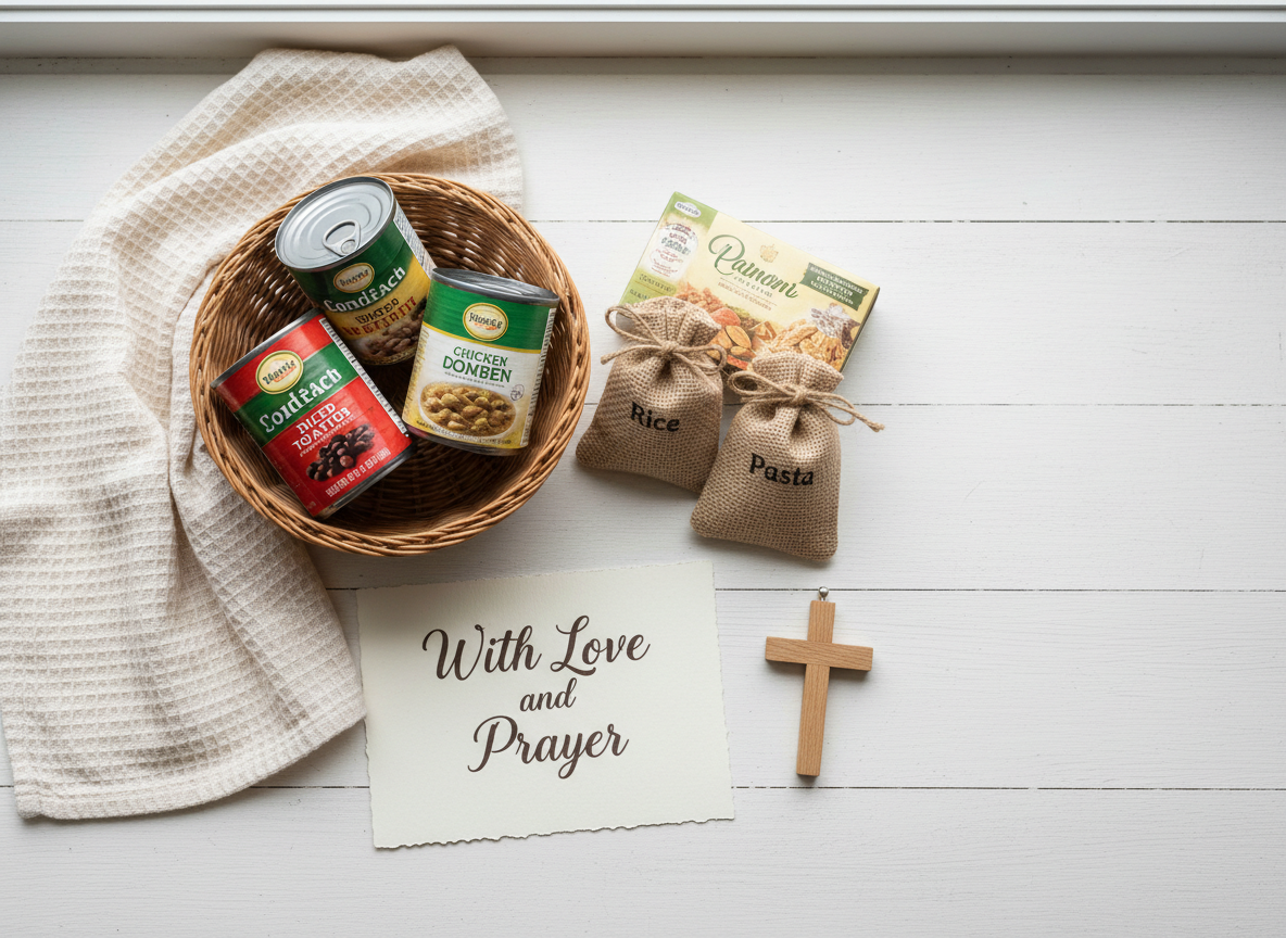 A neatly arranged collection of service items sits on a lightly textured white wooden surface: a folded cotton tea towel, a small woven basket filled with canned goods and dry staples, and a handwritten note card with the words “With Love and Prayer” in graceful script. A simple wooden cross pendant rests beside the card, its smooth grain visible. Gentle overcast window light from above and to the right creates a soft, even illumination with minimal shadows. Captured in photographic realism from a top-down perspective, the composition is clean and balanced, evoking quiet generosity, compassion, and the practical side of ministry service projects without showing any people.