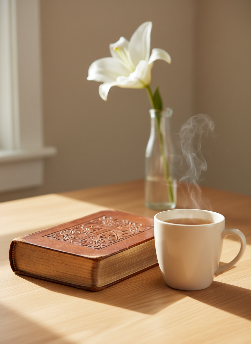 A beautifully worn leather-bound Bible, its rich brown cover embossed with a delicate vine and cross motif, lies open on a smooth, pale oak table. A simple ceramic mug of herbal tea sits nearby, wisps of steam curling upward. Soft morning sunlight filters through an unseen window, creating gentle highlights on the gilded page edges and casting calm, diffuse shadows. In the blurred background, a neutral-toned wall and a small glass vase with a single white flower add quiet elegance. Photographic realism, eye-level composition with shallow depth of field, conveys a peaceful, contemplative mood suitable for a professional women’s ministry homepage hero image.